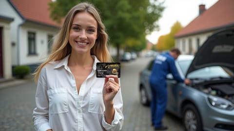 Lächelnde Frau hält ihre Mobil-in-Deutschland-Mitgliedskarte in die Kamera, während im Hintergrund ein Pannenhelfer an einem Auto mit geöffneter Motorhaube arbeitet.